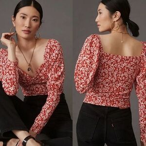 *Anthropologie* Red Sweetheart Smock Bodice Pullover Statement Sleeve, size XS.